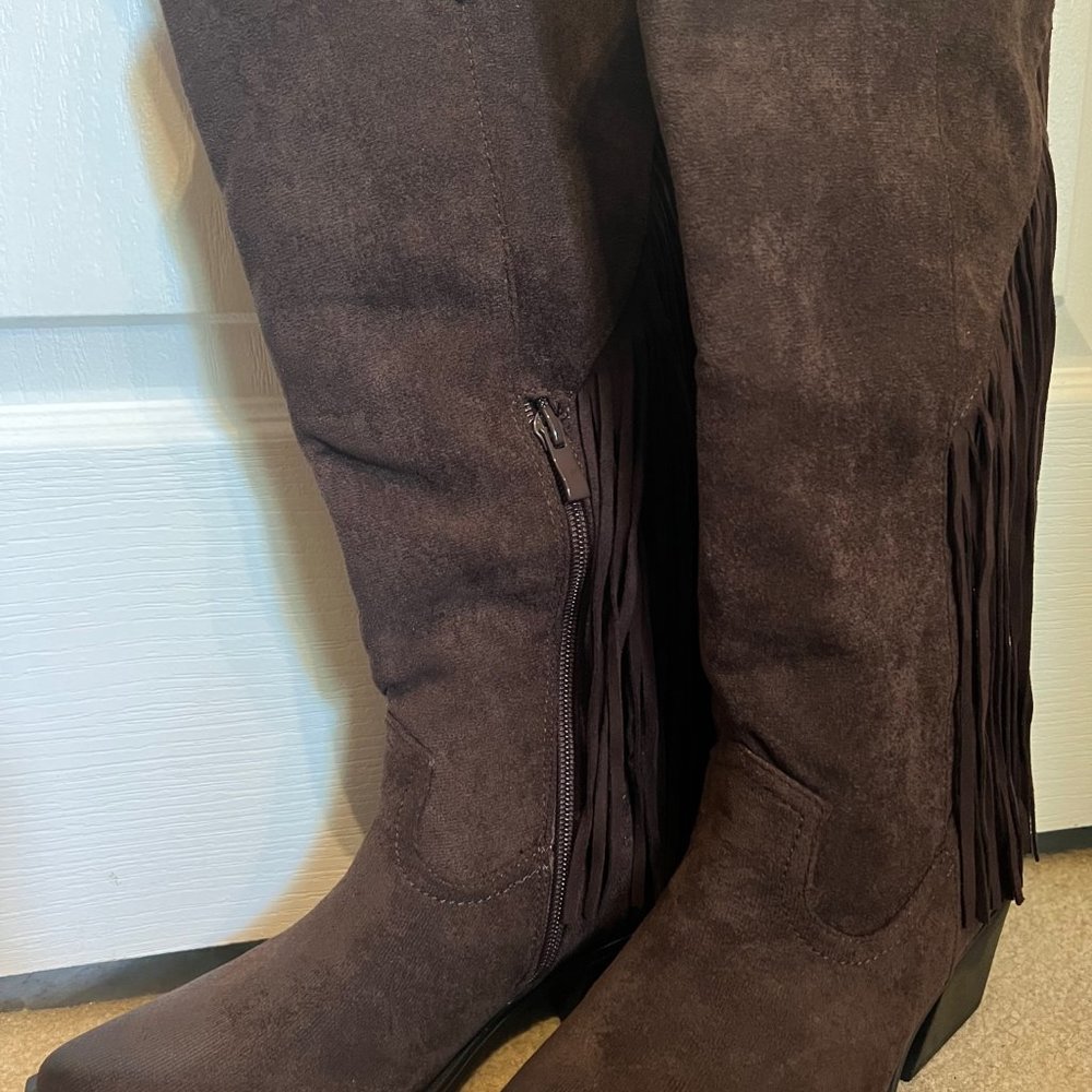 Fashion Nova Brown Heeled Boots With Fringe Detail View 2